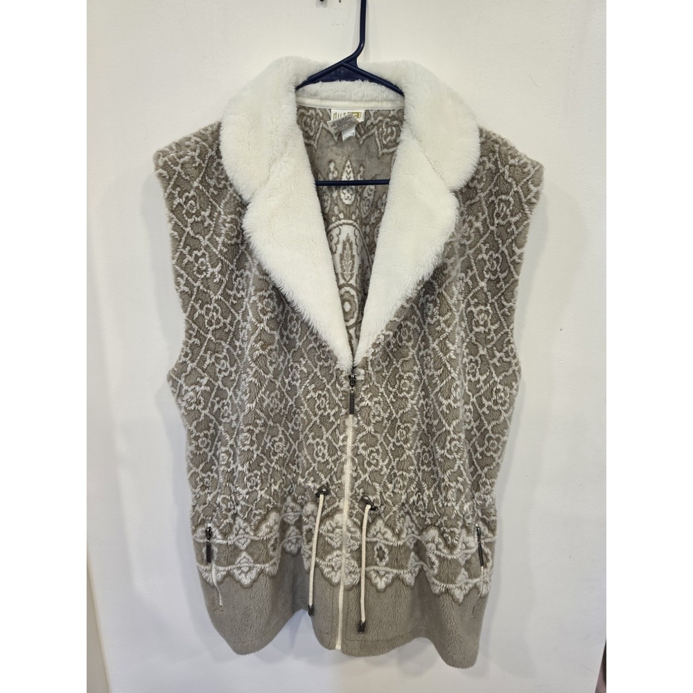 Vintage Fleece Vest Faux Fur Collar Zip Up Taupe Cream‎ Womens Large Jacquard